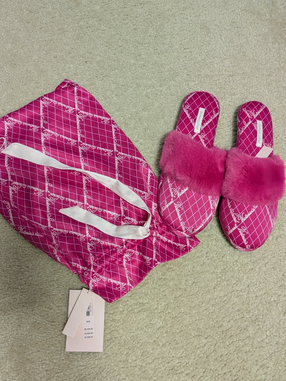 Victoria's Secret Pink Plaid Satin Slide Slippers with Faux Fur